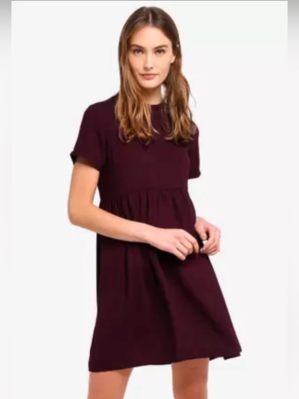 Women's Short Sleeve Empire-Waist Dress in Deep Burgundy